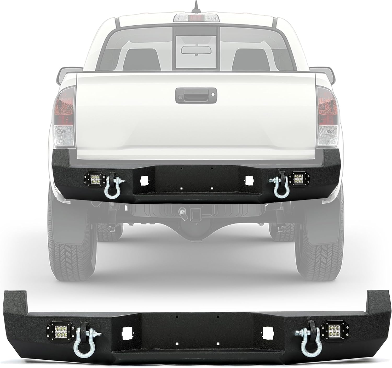 Rear Bumper Compatible with 2005-2015 Toyota Tacoma w/ 18W Led Lights License Plate D-Rings Step Bumper Steel Powder Coated Black LYAM-032SA+LYAM-032SB