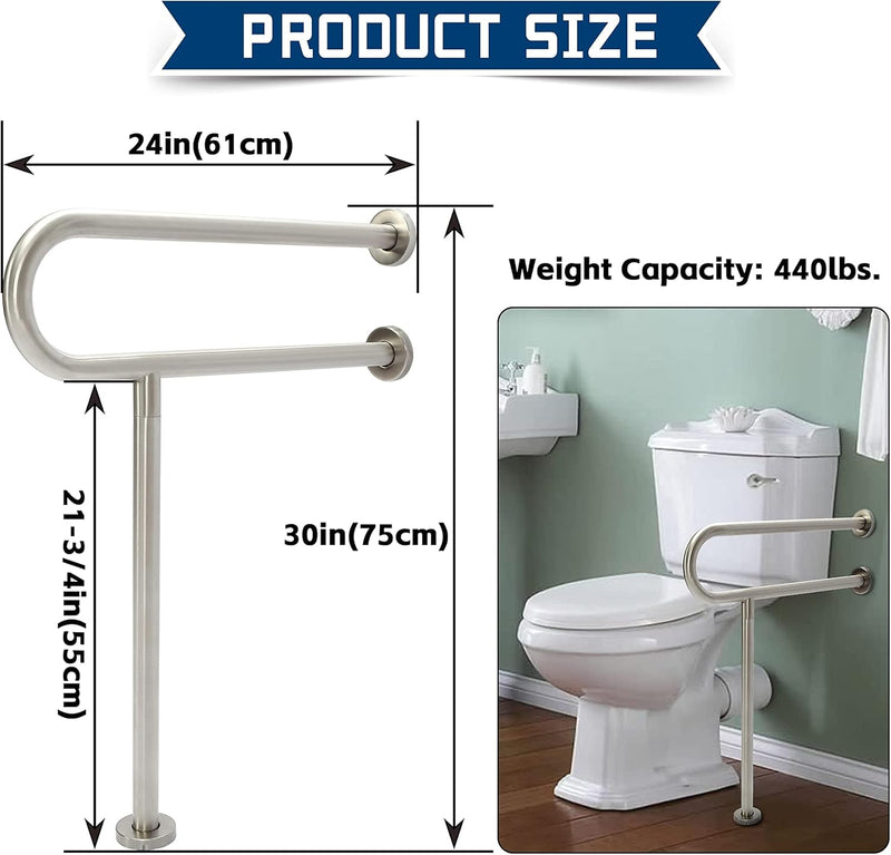 HECASA 24 Inch Handicap Grab Bars Rails 304 Stainless Steel Toilet Handrail Bathroom Safety Bar Wall Mount Floor Support Assist Bar for Disabled Elderly Mounted Bath Grips LYOM-090-1