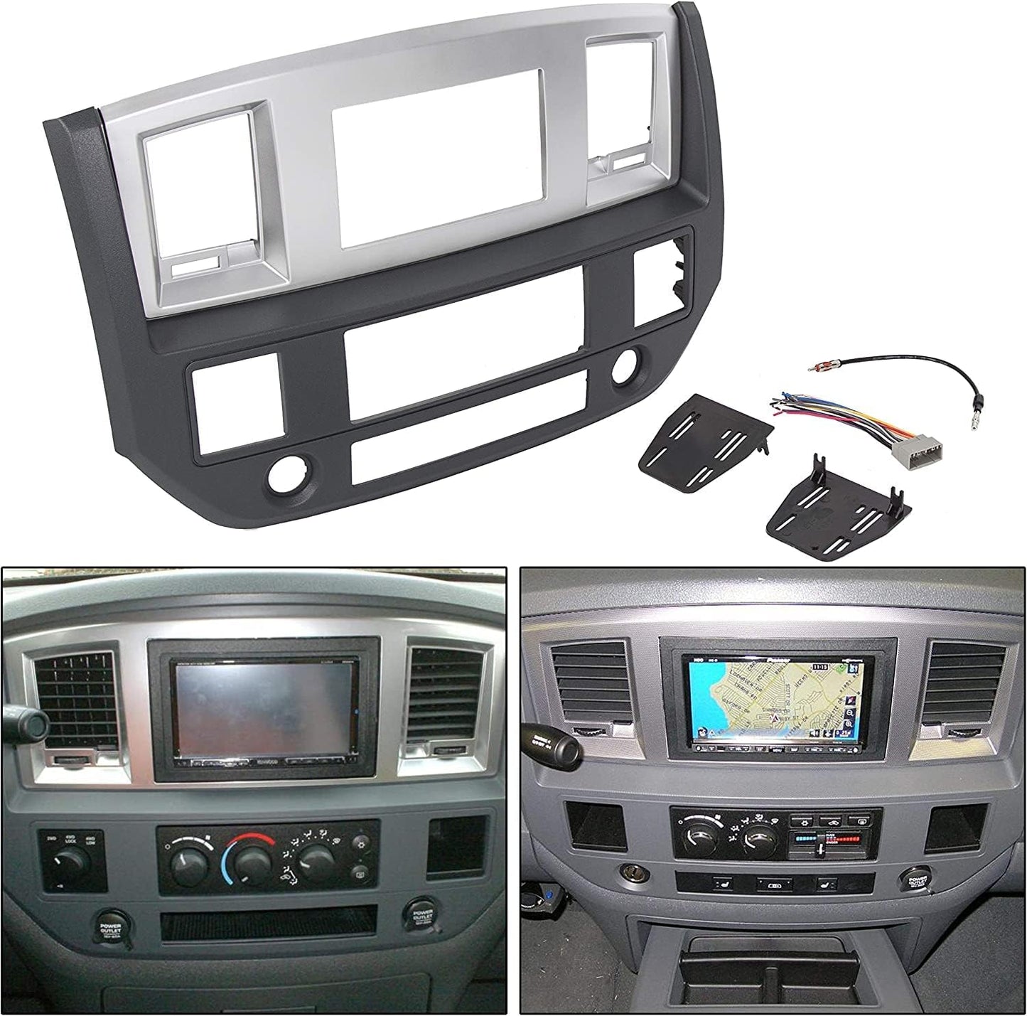 Stereo Radio Double Din Dash Kit Compatible with 2006-2009 Dodge Ram Pickup Replacement for GNT56215007 Install Dash Bezel Silver Slate Gray LYAP-328