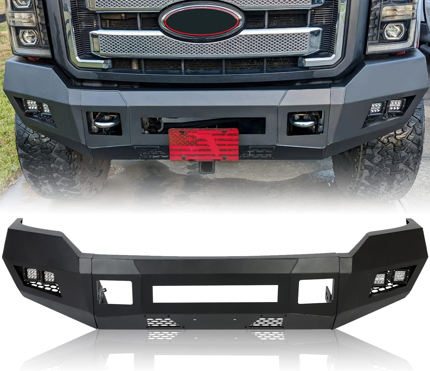 Front Bumper Compatible with 2011-2016 Ford F250 F350 Super Duty W/LED Lights 3 PCS Bumper Assembly Steel Powder Coated Black (2 Packages) LYAM-043TA+LYAM-043TB
