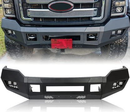 Front Bumper Compatible with 2011-2016 Ford F250 F350 Super Duty W/LED Lights 3 PCS Bumper Assembly Steel Powder Coated Black (2 Packages) LYAM-043TA+LYAM-043TB