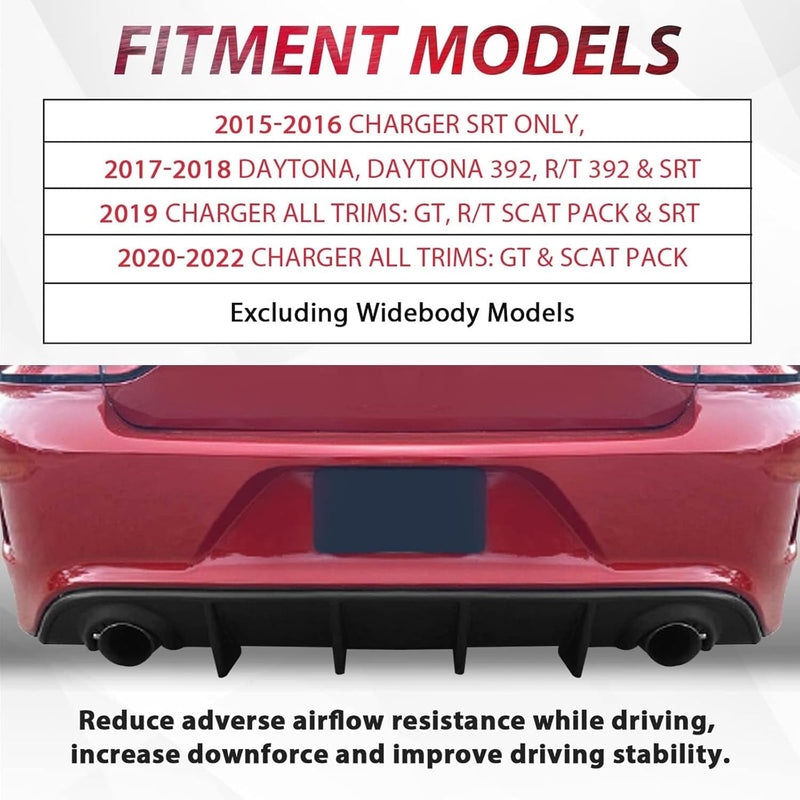 KUAFU Rear Diffuser Compatible with 2015-2024 Dodge Charger Scat SRT Daytona GT R/T Non-Widebody Models Valance Rear Bumper Lip Splitter Spoiler Diffuser Black LYAP-296S