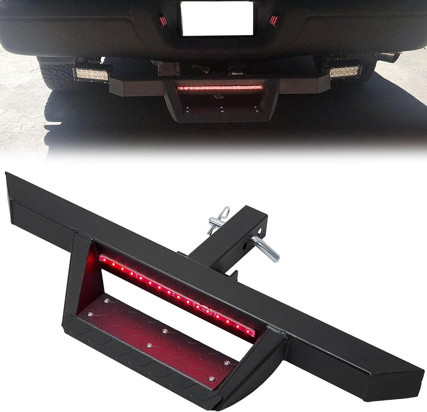 Universal Drop Hitch Step w/LED Brake Light for 2inches Receiver Pickup Truck SUV Trailer Towing Hitch Step Bar Rear Bumper Guard with Pin Heavy Duty Steel Powder Coated Black LYAM-012