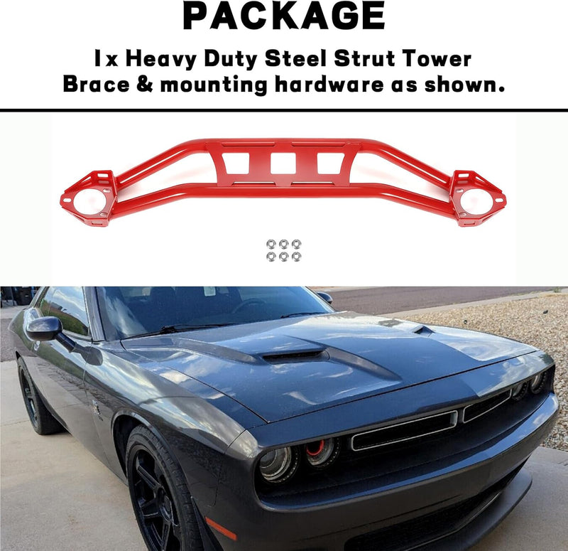 KUAFU Strut Tower Brace Compatible with 2008-2023 Dodge Challenger Front Twin Tube Design Red Steel Powder Coated LYAM-771