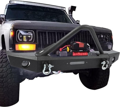 Front Bumper Compatible with 1984-2001 Jeep Cherokee XJ Jeep Comanche MJ w/Fog Lights & Winch Plate & D rings Steel Black LYAM-202S