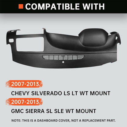 Black Dash Board Cover Compatible with 2007-2013 Chevy Chevrolet Silverado LS LT WT Base GMC Sierra SL SLE WT Base Dashboard Panel Cover Glovebox Dashboards ABS Plastic LYAP-300V