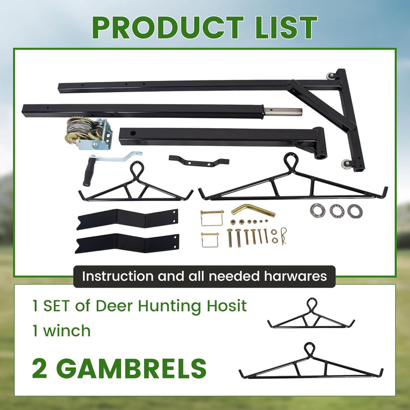 ECOTRIC Truck 2inches Hitch Game Hunting Hoist, 600LB Big Game Hunting Deer Hoist, Include Gambrels Winch for Skinning or Cleaning Game, Winch Lift Gambrel Set 360 Degree Swivel Hitch Mounted LYOM-039