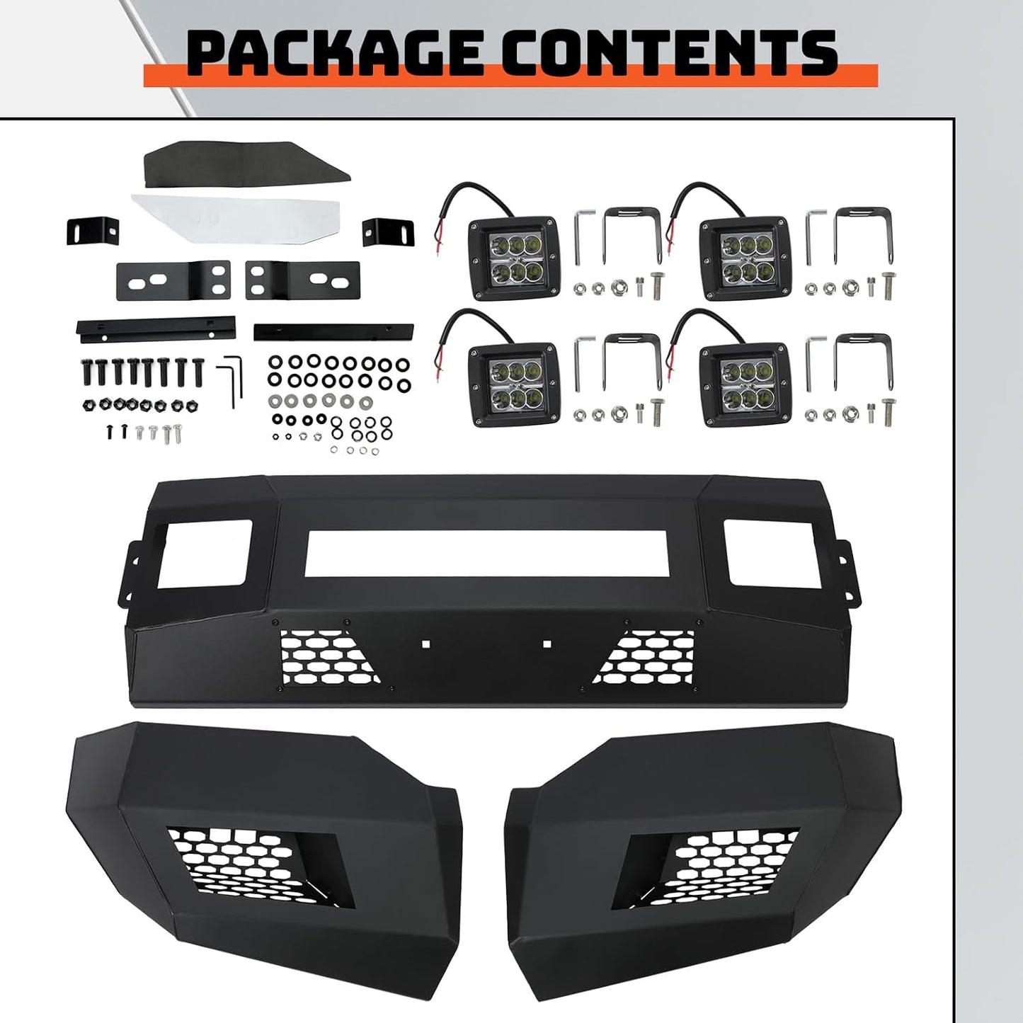 Front Bumper Compatible with 2011-2016 Ford F250 F350 Super Duty W/LED Lights 3 PCS Bumper Assembly Steel Powder Coated Black (2 Packages) LYAM-043TA+LYAM-043TB