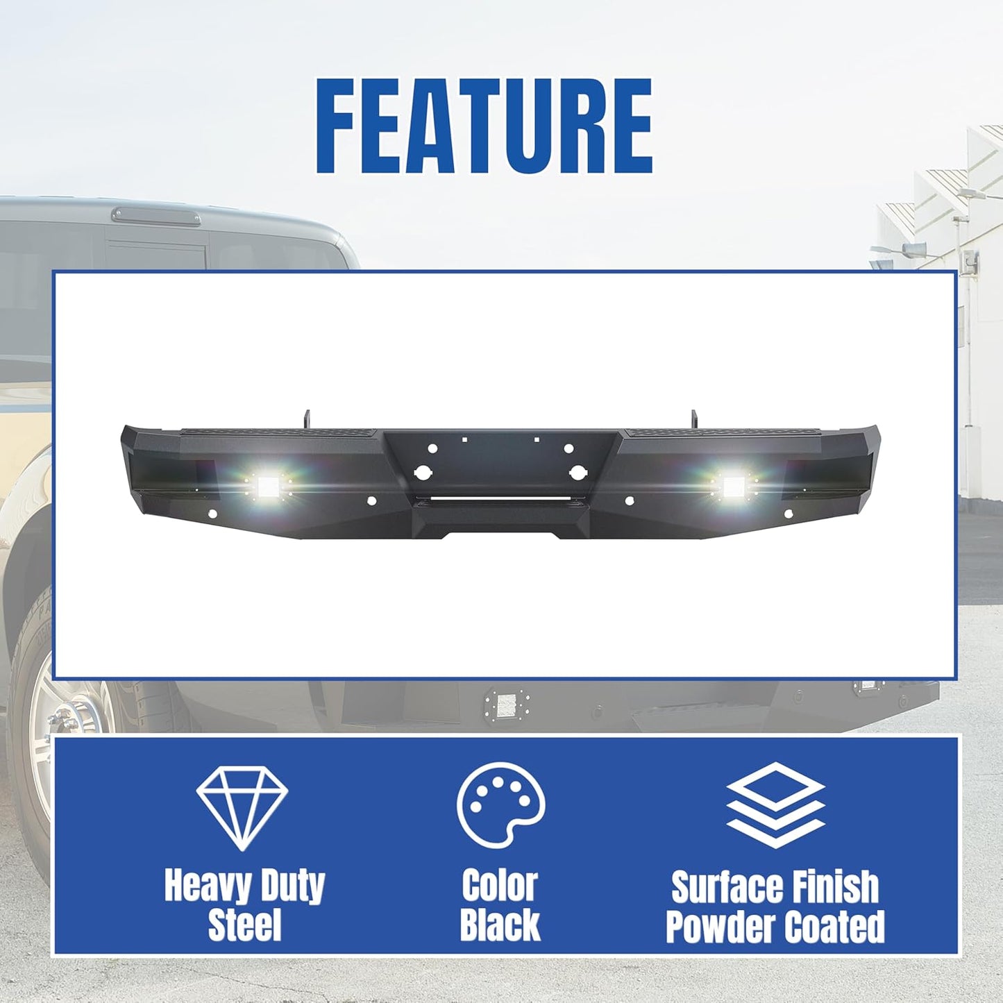 Offroad Rear Bumper Compatible with 1999-2016 Ford F250 F350 Super Duty W/2 18W LED Lights Black Powder Coated Steel Heavy Duty LYAM-215S