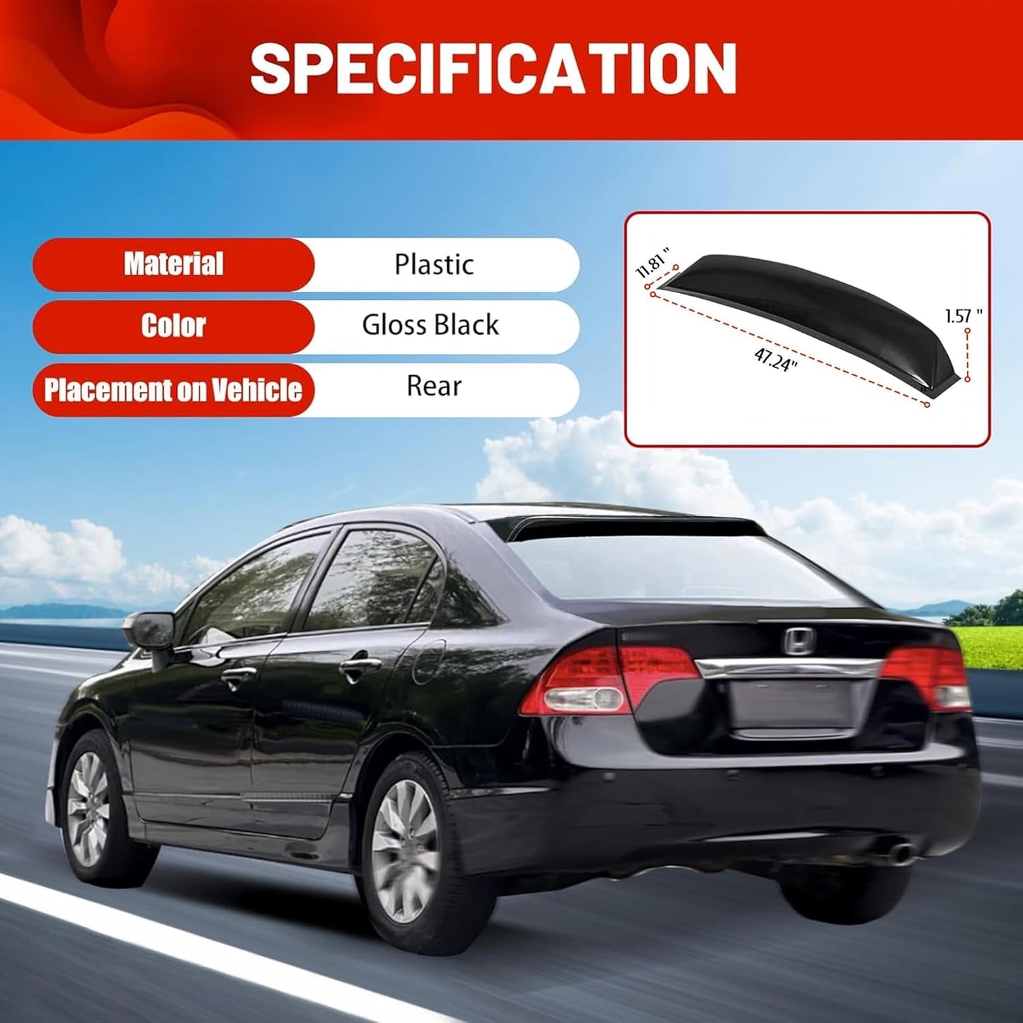 Roof Spoiler Compatible with 2006-2015 Honda Civic 4DR Sedan, Window Deflector Black Rear Visor Vent Wing, ABS Guards Shade LYAP-471