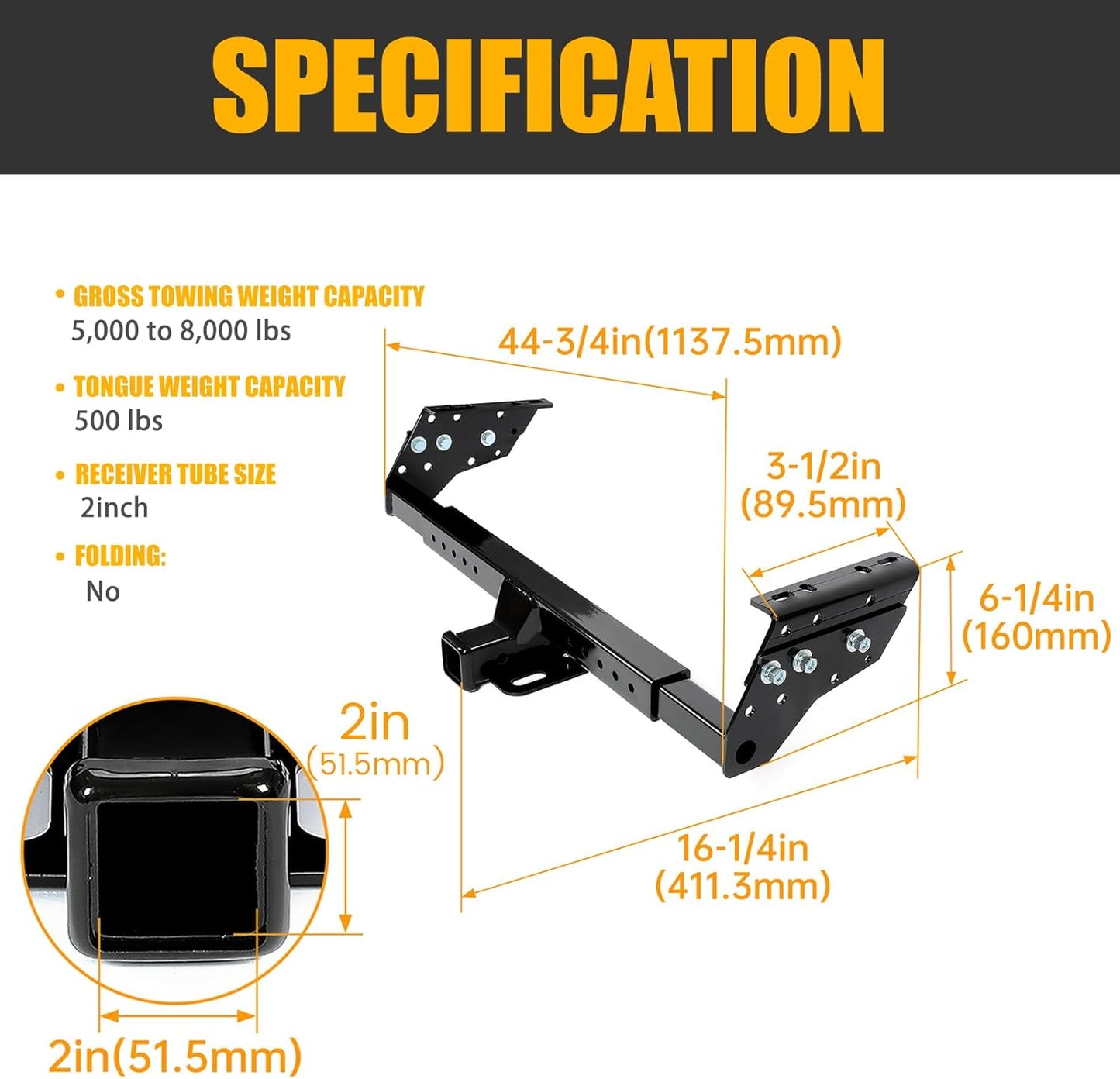 Adjustable 2inches Class 3 Trailer Hitch Compatible with Select Chevrolet Chrysler Dodge Ford GMC Isuzu Jeep Mazda Nissan Plymouth Black Replace for 37042 LYAM-768