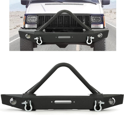 Front Bumper Compatible with 1984-2001 Jeep Cherokee XJ Jeep Comanche MJ w/Fog Lights & Winch Plate & D rings Steel Black LYAM-202S