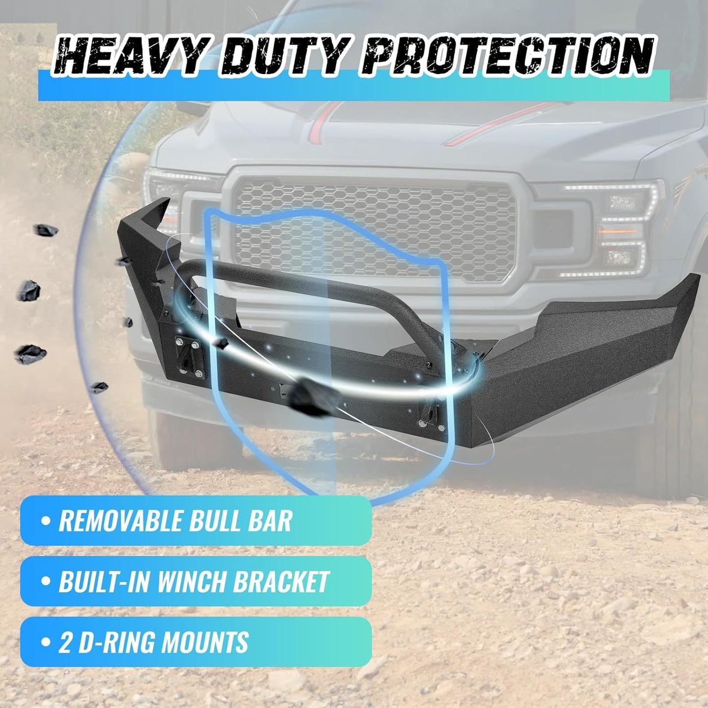 Front Bumper Assembly Compatible with 1999-2004 Ford F250 F350 F-250 F-350 Super Duty Steel Powder Coated w/Winch Plate Two Packages LYAM-X1255A+LYAM-X1255B