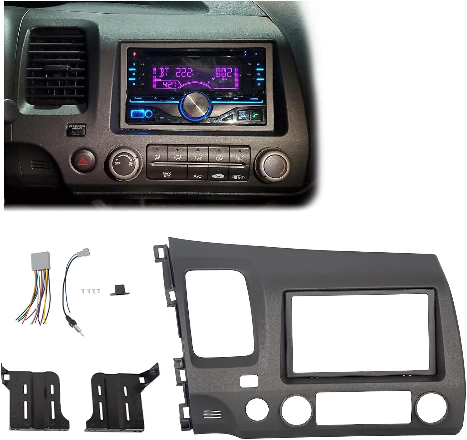 Car Radio Dashboard Kit Compatible with 2006-2011 Honda Civic Trim Bezel Panel Double 2 Din Install Dash Board Dark Gray LYAP-369