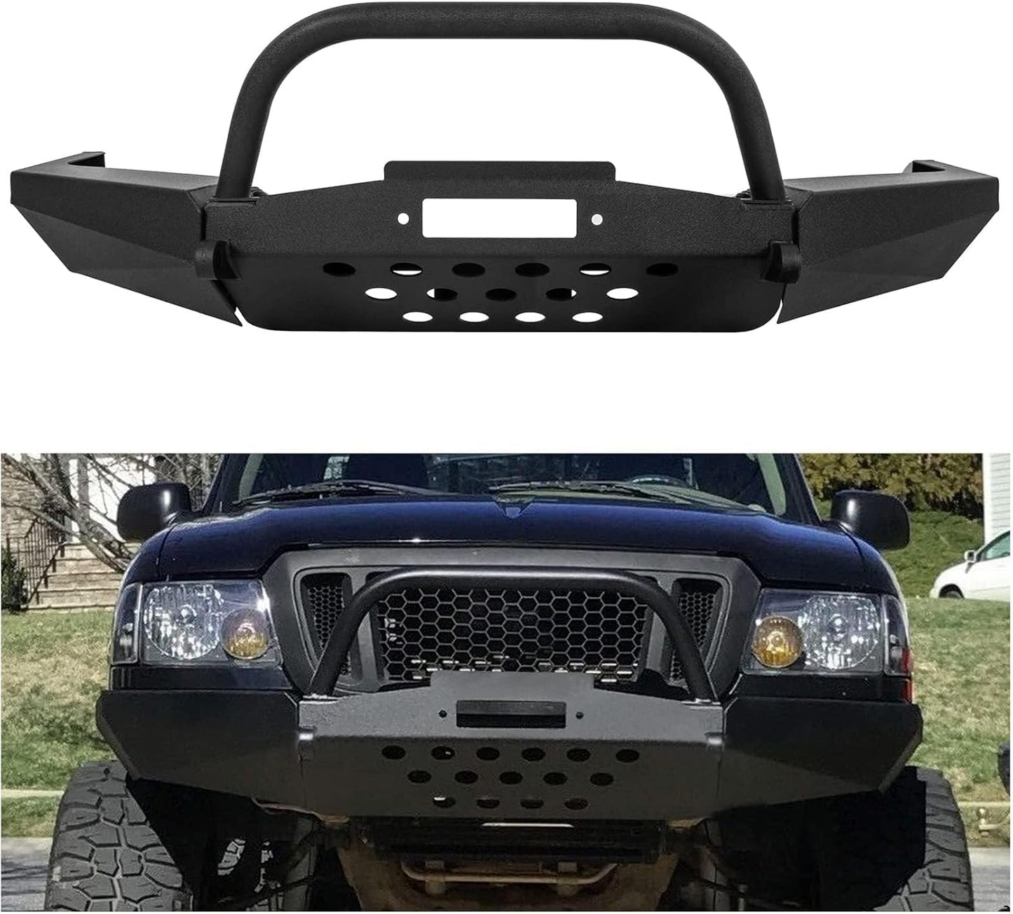 Front Bumper Compatible with 1998-2011 Ford Ranger W/Winch Plate Bull Bar D-Ring Mounts Bumper Assembly Steel Powder Coated Black LYAM-328