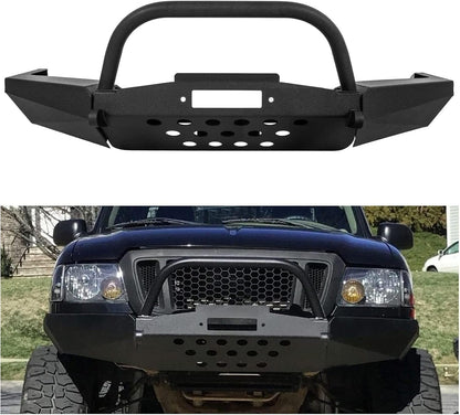 Front Bumper Compatible with 1998-2011 Ford Ranger W/Winch Plate Bull Bar D-Ring Mounts Bumper Assembly Steel Powder Coated Black LYAM-328