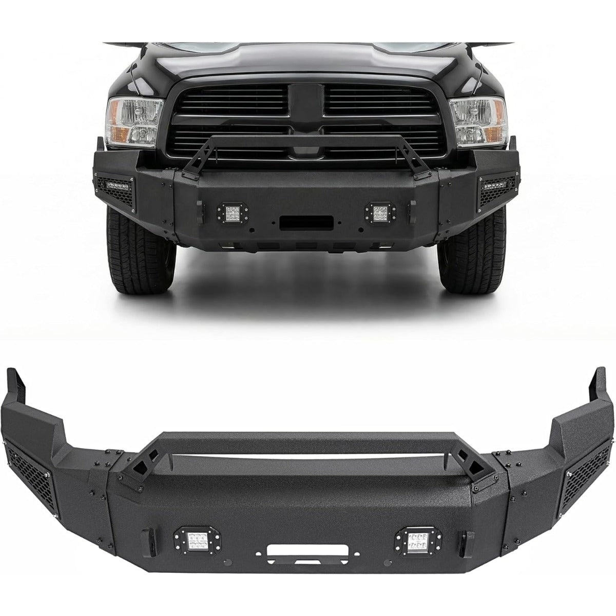 ALMULOO Front Bumper Compatible with 2009-2012 Dodge Ram 1500 w/Winch Plate, LED Lights & Bull Bar Steel Powder Coated(2 Packages)