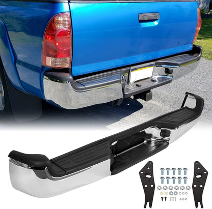 Rear Bumper Compatible With 2005-2015 Toyota Tacoma TO1103113 Bumper Assembly W/Pads Brackets and License Plate Lights Steel Chrome LYAM-362-1