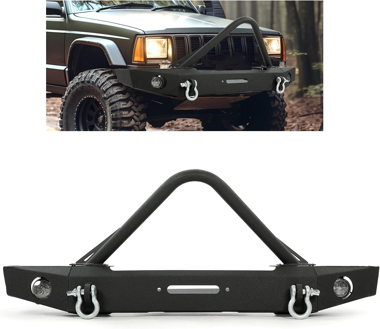 Front Bumper Compatible with 1984-2001 Jeep Cherokee XJ Jeep Comanche MJ w/Fog Lights & Winch Plate & D rings Steel Black LYAM-202S