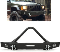 Load image into Gallery viewer, KUAFU Front Bumper Compatible with 1984-2001 Jeep Cherokee XJ Jeep Comanche MJ w/Fog Lights &amp; Winch Plate &amp; D rings Steel Black LYAM-202S
