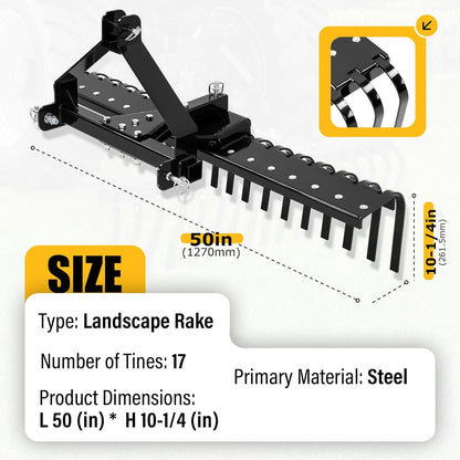 50In Landscape Rake Compatible with Category-0 Cat0 Tractor 3 Point & 5-Position Angle Adjustment for Garden, Farm, Grass Steel Powder Coated Black LYOM-374-BK