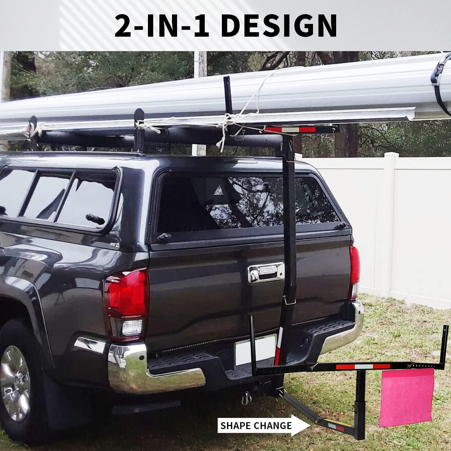 2 in 1 Foldable Truck Bed Extender 750lbs Load Capacity Extension Rack Hitch Mount Truck Bed Extension for Ladder Rack Kayak Canoe Lumber Long Pipes w/Flag LYA-004