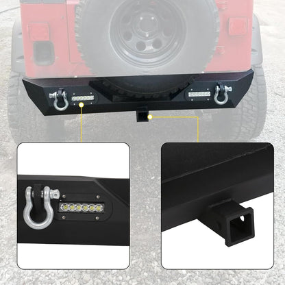 Rear Bumper Compatible with 1987-2006 Jeep Wrangler TJ YJ With LED Lights 2inches Hitch Receiver D-rings Off-Road Style Black Texture LYAM-301S