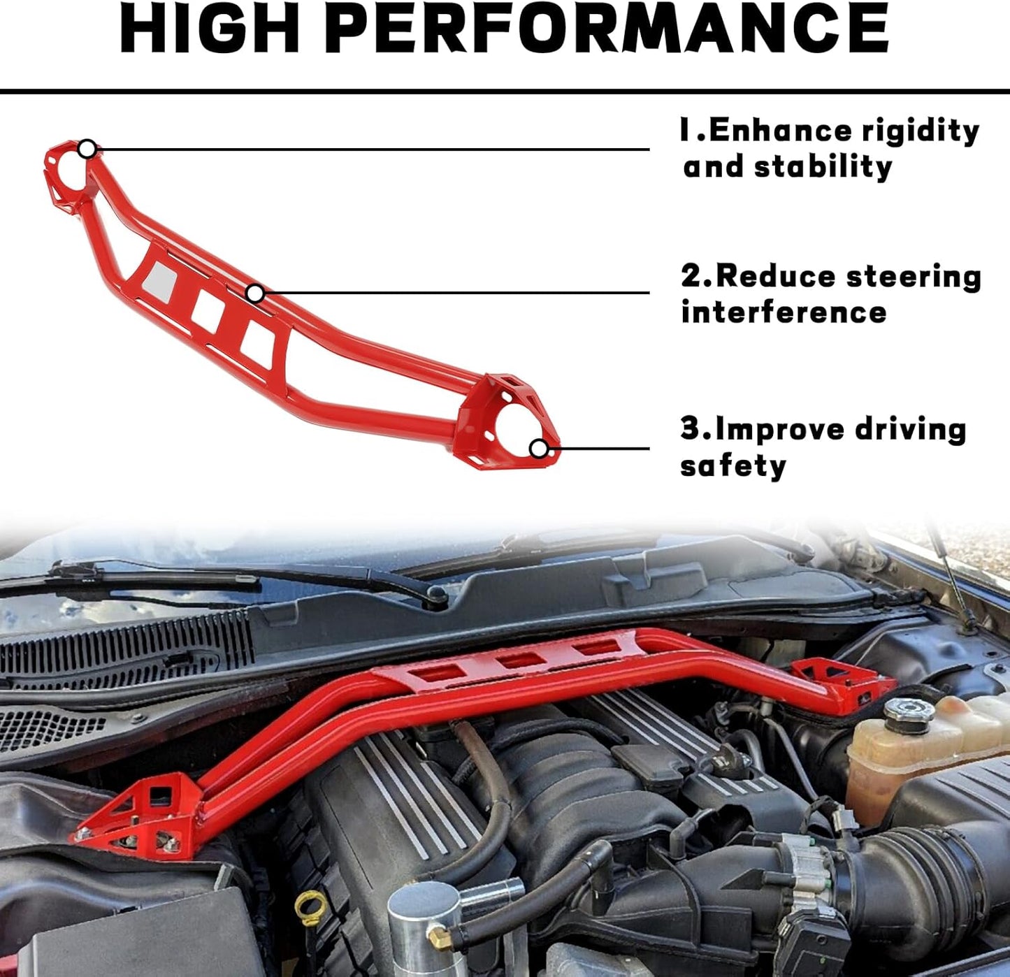 Strut Tower Brace Compatible with 2008-2023 Dodge Challenger Front Twin Tube Design Red Steel Powder Coated LYAM-771