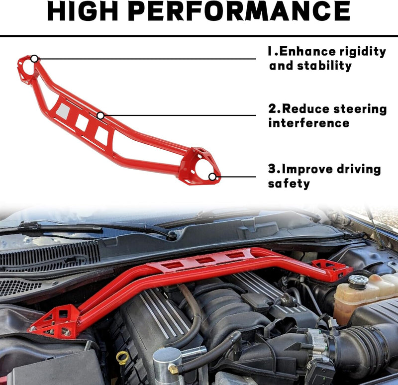 KUAFU Strut Tower Brace Compatible with 2008-2023 Dodge Challenger Front Twin Tube Design Red Steel Powder Coated LYAM-771