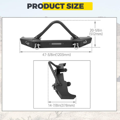 Front Bumper Compatible with 1984-2001 Jeep Cherokee XJ Jeep Comanche MJ w/Fog Lights & Winch Plate & D rings Steel Black LYAM-202S