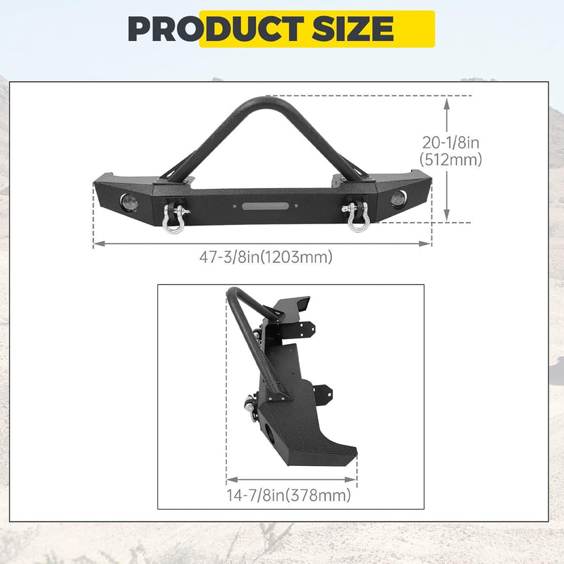KUAFU Front Bumper Compatible with 1984-2001 Jeep Cherokee XJ Jeep Comanche MJ w/Fog Lights & Winch Plate & D rings Steel Black LYAM-202S