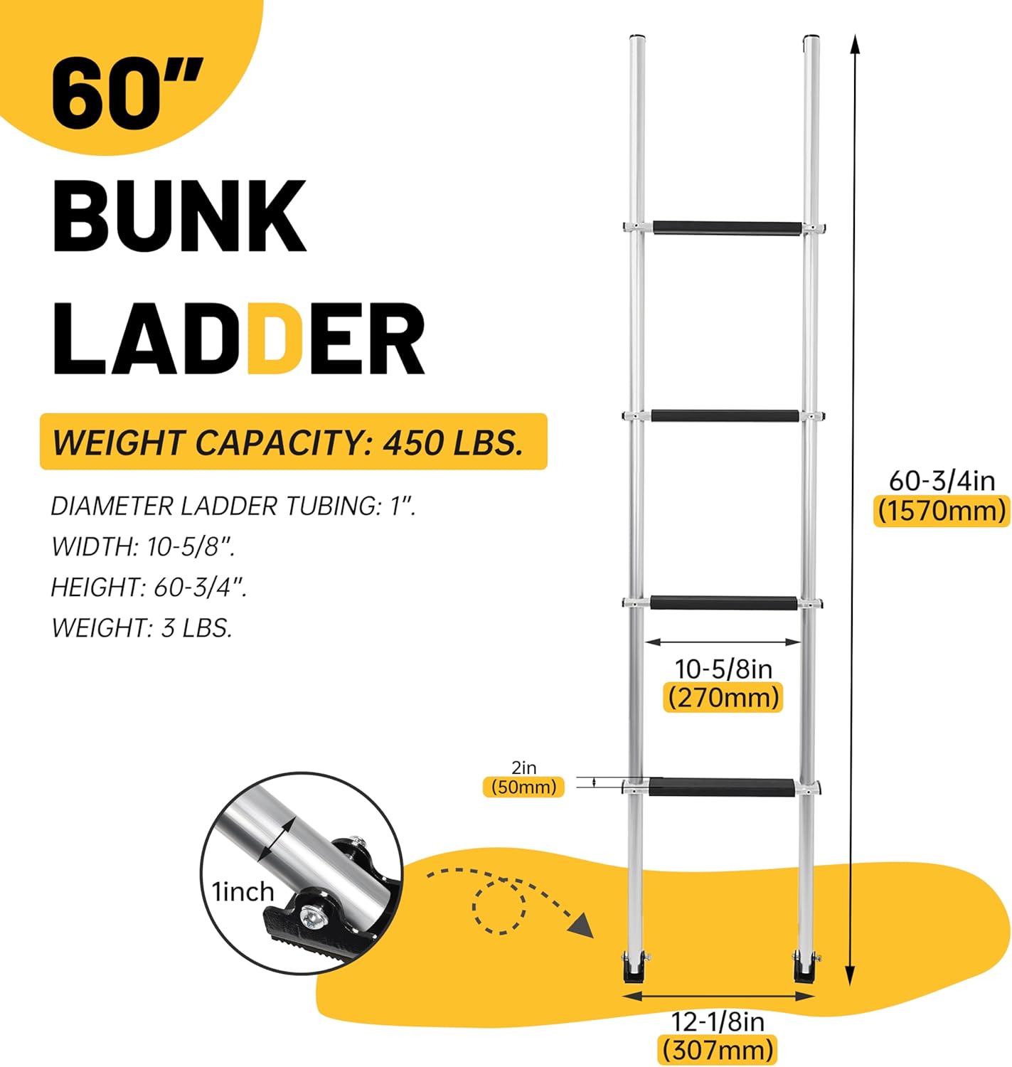 60inches Bunk Ladder Compatible with RV W/Hook and Rubber Foot Pads Aluminum Anti-Slip Bunk Bed Dorm Loft Home Appartments Ladder Lightweight and Sturdy Design for Safe Climbing 450LBS LYOM-046S