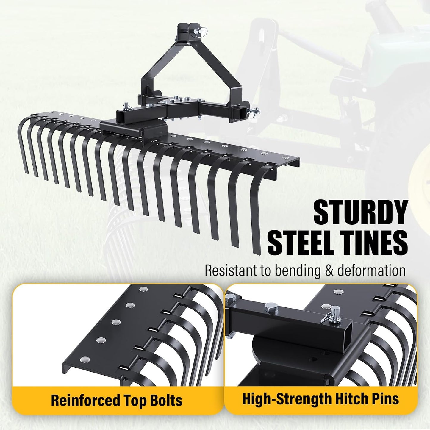 50In Landscape Rake Compatible with Category-0 Cat0 Tractor 3 Point & 5-Position Angle Adjustment for Garden, Farm, Grass Steel Powder Coated Black LYOM-374-BK