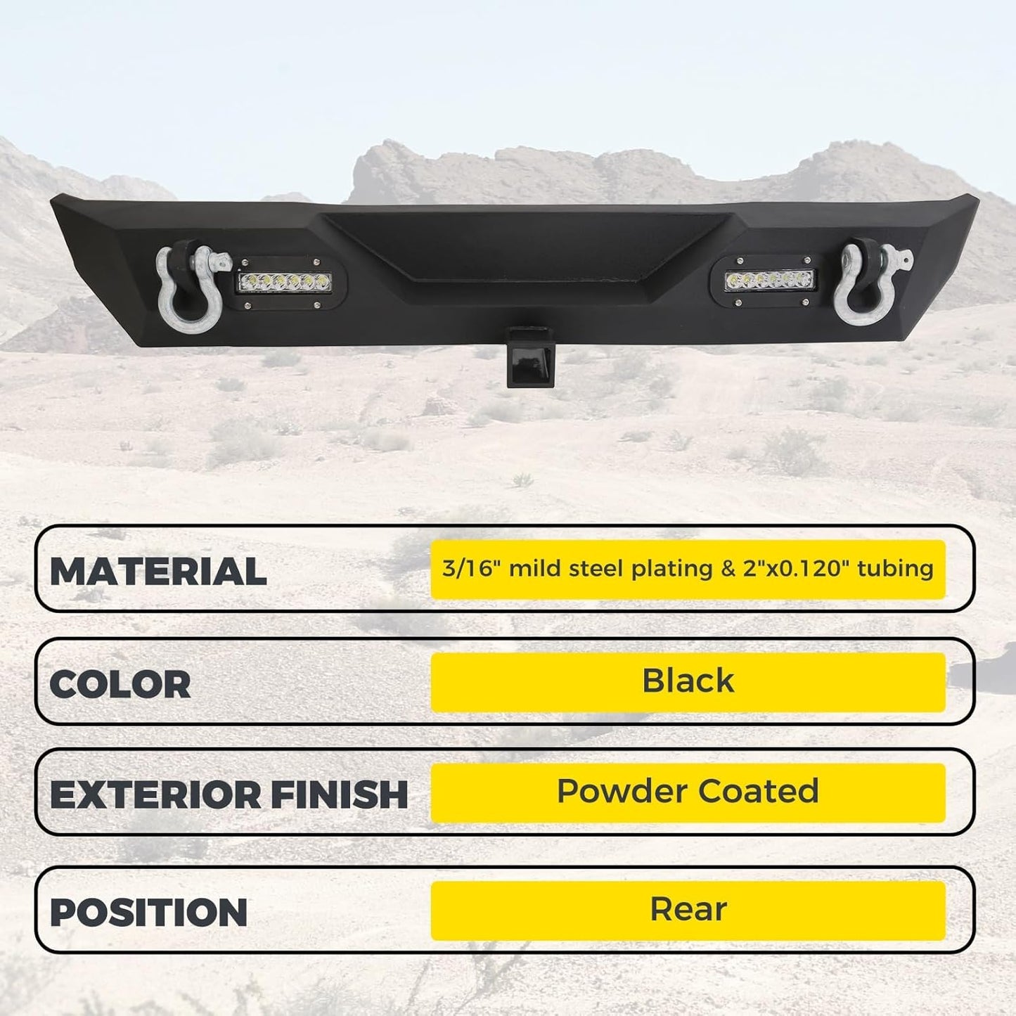 Rear Bumper Compatible with 1987-2006 Jeep Wrangler TJ YJ With LED Lights 2inches Hitch Receiver D-rings Off-Road Style Black Texture LYAM-301S