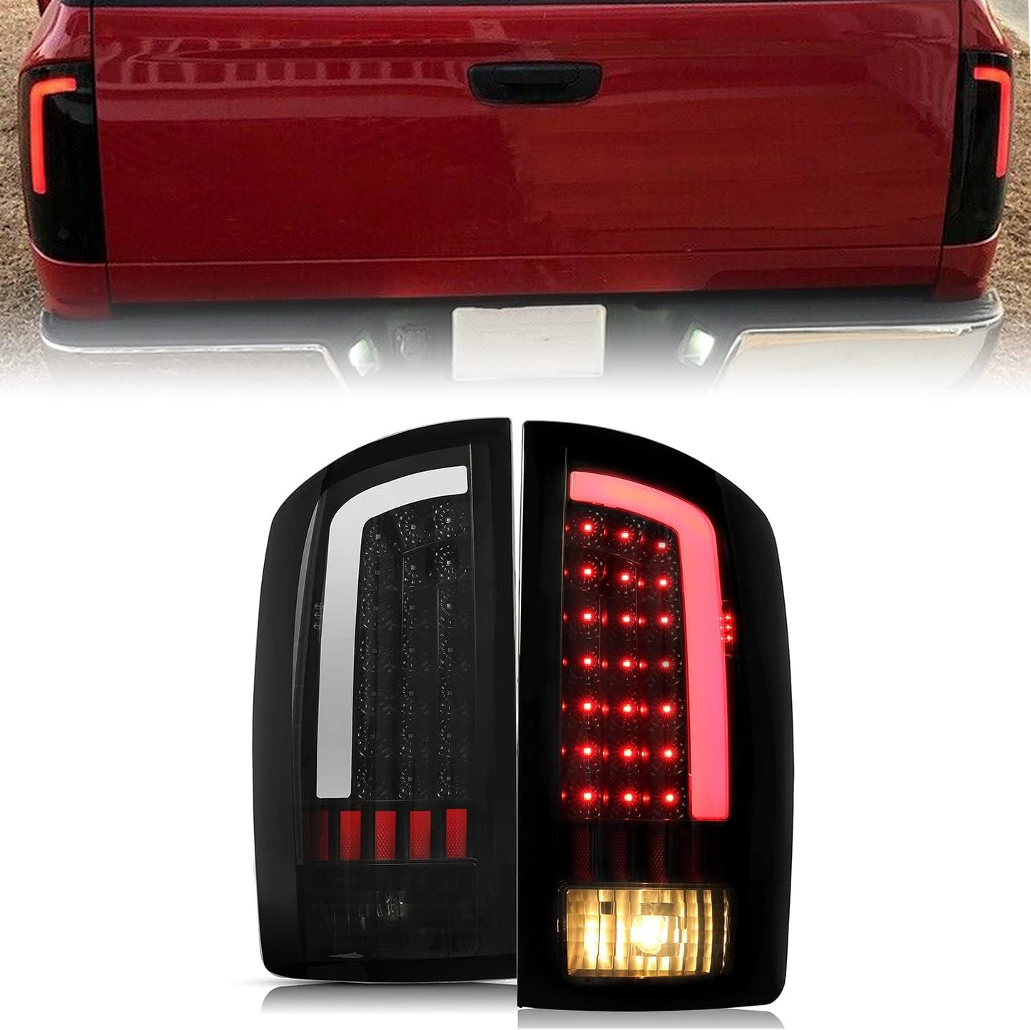 Kojem Tail Light LED Compatible with 2002-2006 Dodge Ram 1500/2003-2006 Dodge Ram 2500 3500 LED Tube Bar Brake Turn Signal Lamp Taillight LH RH Pair(Smoke Lens & Black Housing)