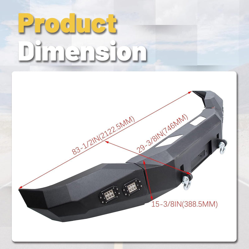 ECOTRIC Front Bumper Compatible with 2007-2013 Toyota Tundra Full Width Off-Road Bumper W/D-rings, LED Lights, Winch Plate Steel Black 2 Packages LYAM-416A+LYAM-416B