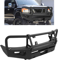 Load image into Gallery viewer, Front Bumper Assembly Compatible with 2004-2011 Nissan Titan, 2004 Pathfinder Armada and 2005-2007 Armada, W/Bull Bar, Fog Light Hole and Winch Mount, 3pcs-Main Body Steel Powder Coated LYAM-X1209A+LYAM-X1209B
