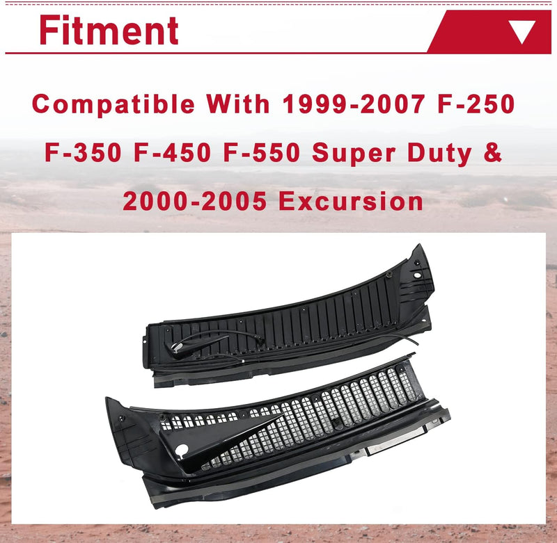 HECASA Windshield Wiper Cowl Vent Grille Compatible with 1999-2007 Ford F250 F350 F450 F550 Super Duty 2000-2005 Excursion Replace for 3C3Z-25022A68-AAA 4C3Z-25022A69-AAA Windscreen Covers Panels Kit LYAP-244S