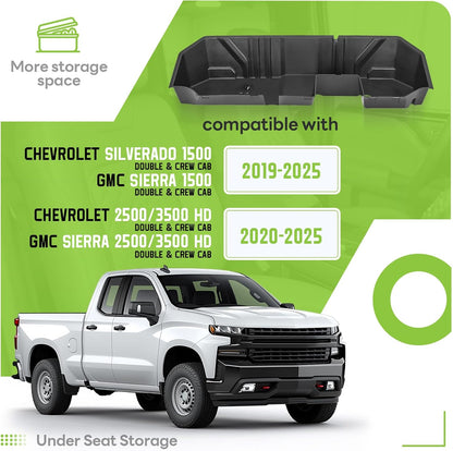 Under Seat Storage Box Compatible with 2019-2025 Chevy Chevrolet Silverado GMC Sierra 1500 2500 3500 HD Double & Crew Cab Black Plastic Underseat Storage LYAP-095S-2