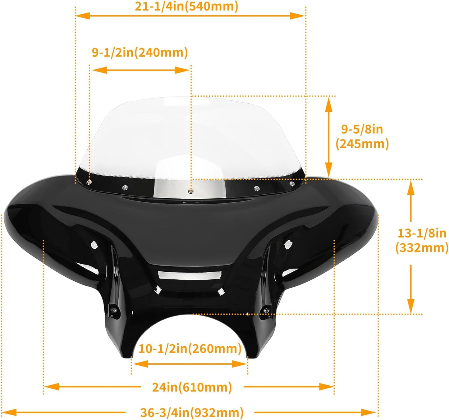 Universal Motorcycle Cruiser Front Outer Fairing Batwing w/Clear Windshield 37inches Wide x 24inches Tall Bat Wing Transparent Black ABS Plastic Durable WSD-07
