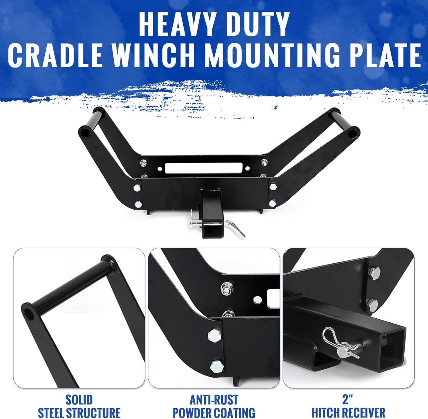 Foldable Winch Mounting Plate Cradle Bracket for Recovery Winches Compatible with Truck Trailer ATV 4WD w/2inches Hitch Receiver LYA-023S
