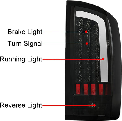 Kojem Tail Light LED Compatible with 2002-2006 Dodge Ram 1500/2003-2006 Dodge Ram 2500 3500 LED Tube Bar Brake Turn Signal Lamp Taillight LH RH Pair(Smoke Lens & Black Housing)