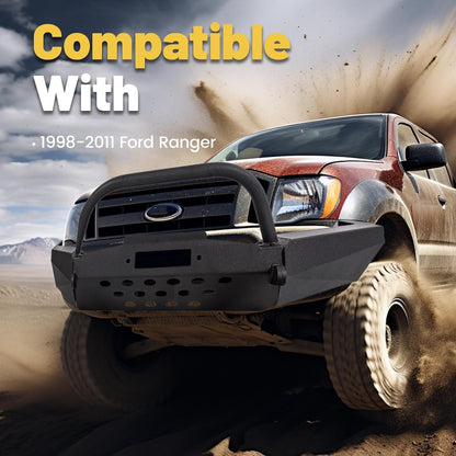 Front Bumper Compatible with 1998-2011 Ford Ranger W/Winch Plate Bull Bar D-Ring Mounts Bumper Assembly Steel Powder Coated Black LYAM-328