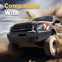 Load image into Gallery viewer, ECOTRIC Front Bumper Compatible with 1998-2011 Ford Ranger W/Winch Plate Bull Bar D-Ring Mounts Bumper Assembly Steel Powder Coated Black LYAM-328
