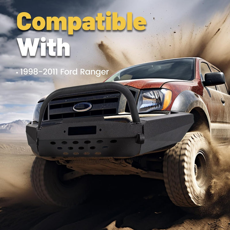 ECOTRIC Front Bumper Compatible with 1998-2011 Ford Ranger W/Winch Plate Bull Bar D-Ring Mounts Bumper Assembly Steel Powder Coated Black LYAM-328