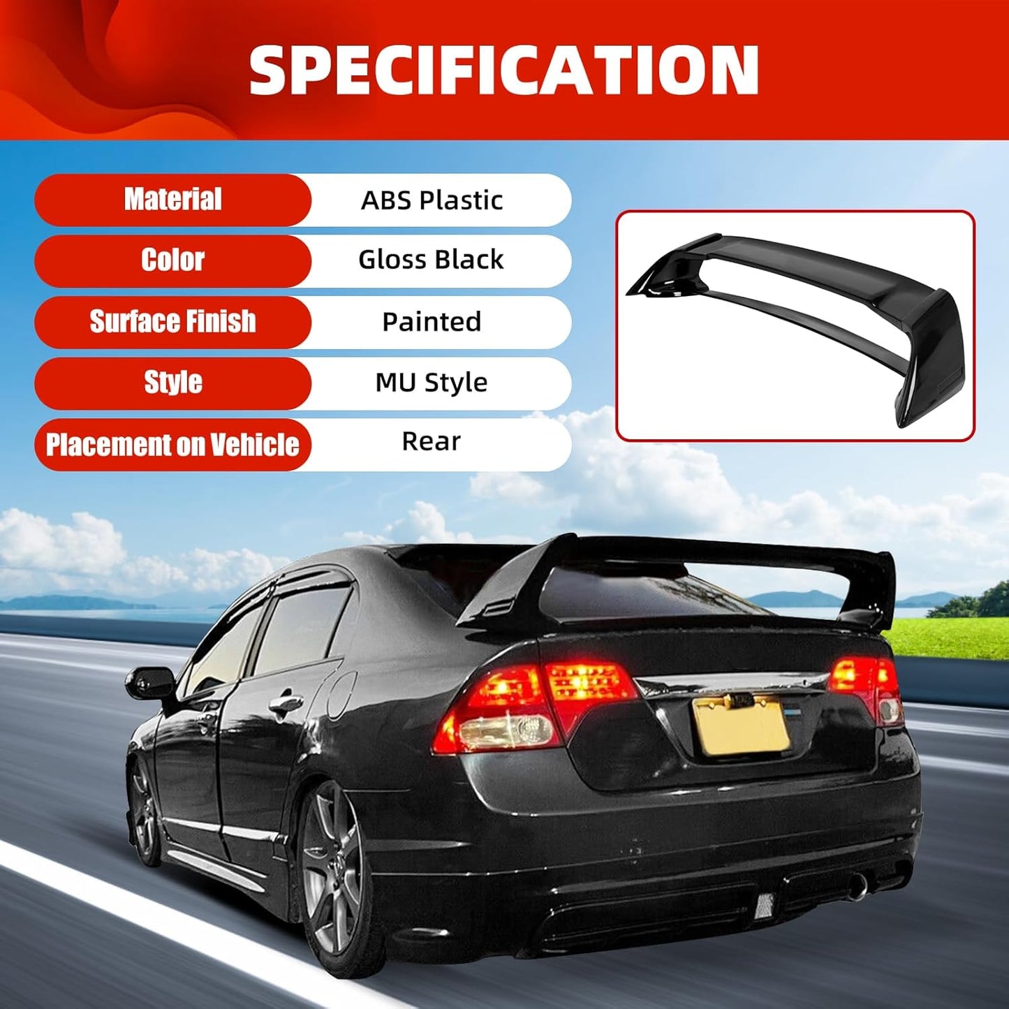 Rear Trunk Spoiler Wing Compatible with 2006-2011 Honda Civic 4 Door Sedan ABS Trunk Spoiler Wing Painted Gloss Black LYAP-530