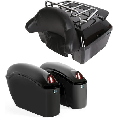 Black Universal Hard Saddle Bag Trunk Tail Box w/Top Rack & Backrest & Tail Light for Yamaha Cruiser