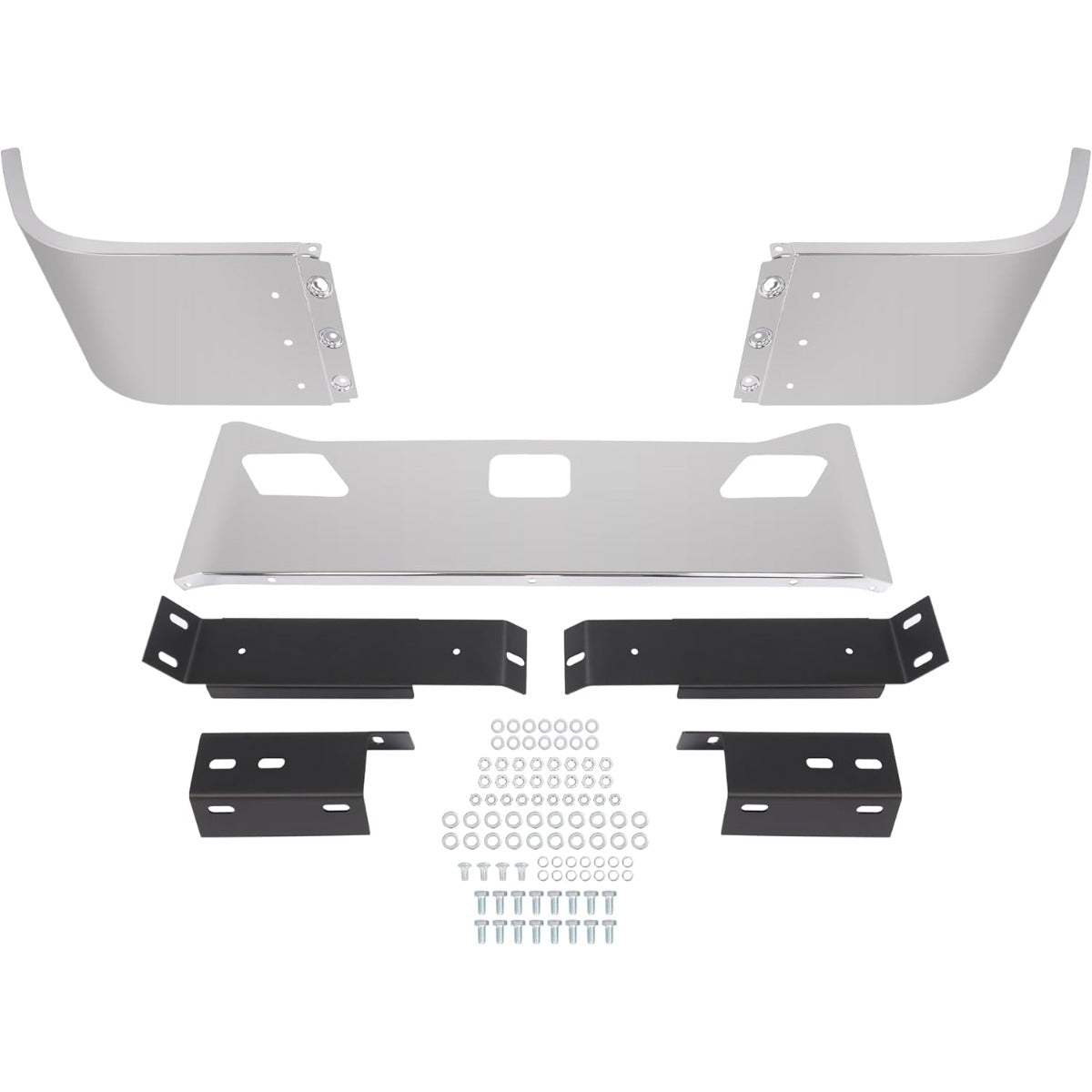 Front Bumper Assembly Compatible with 2011-2022 Kenworth T680 w/Two Tow &Custom Radar Sensor Cut-out w/Brackets 3PCs Steel Chrome Silvery