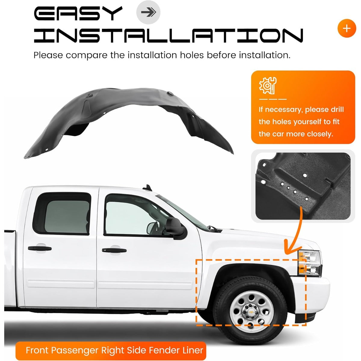 Front Right Fender Liner Compatible with 2007-2013 Chevy Chevrolet Silverado 1500 Replace for 22779790 15945960 20782780 25828536GM1249183 Plastic(PE) Wheel Liner Splash Guard Unfinished Black