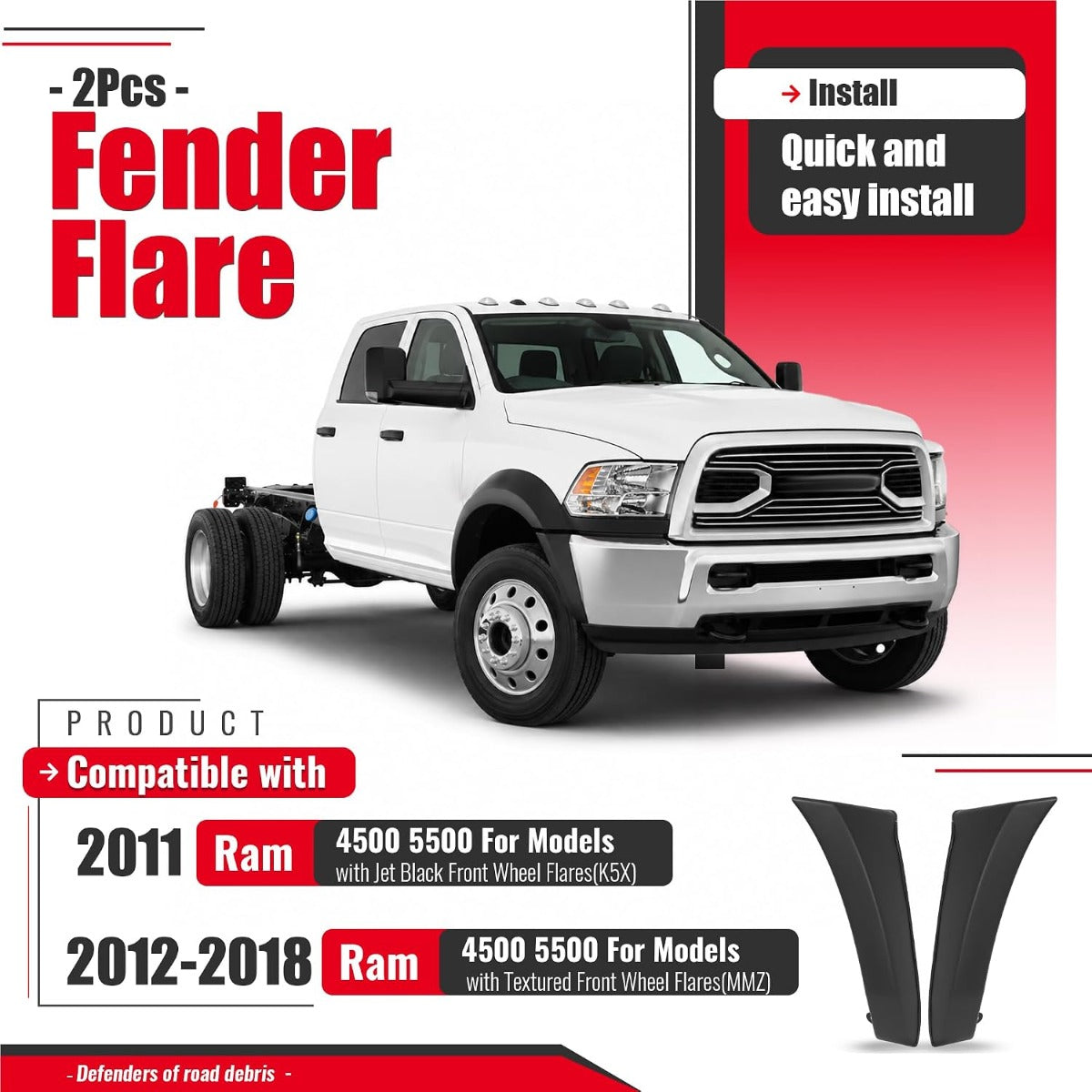 2Pcs Fender Flare Set Compatible with 2011-2018 Ram 4500 5500 | Wheel Arch Cover Protector Set Plastic(PP) Textured Black Left + Right